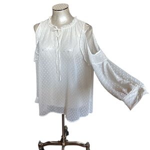 Melissa Paige Women’s Boho White Sheer Cut Out Tie Front Long  Sleeves Blouse M